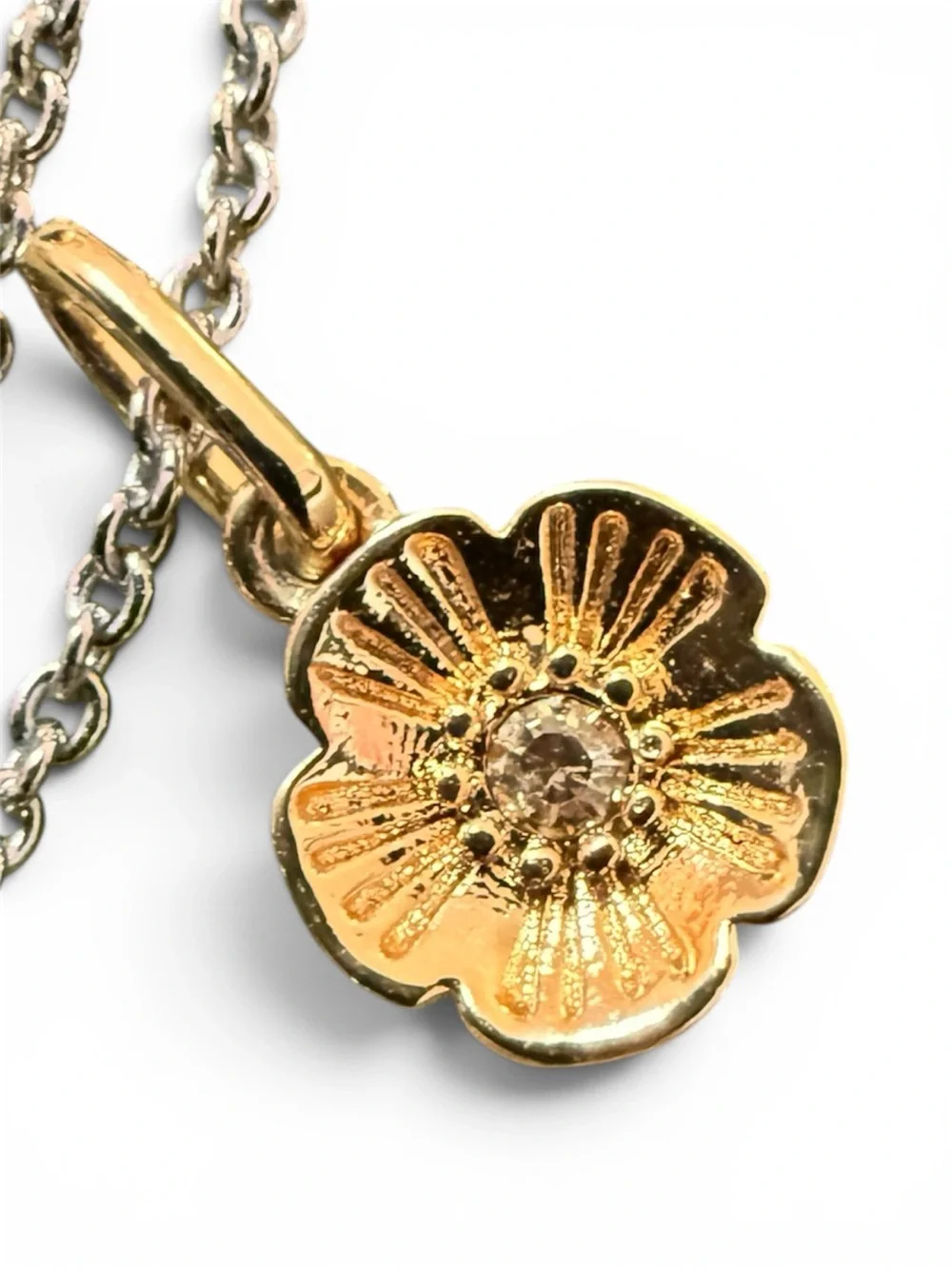 Coach Signature Tag Pendant Necklace Silver Tone Crystal Tea Rose Charm